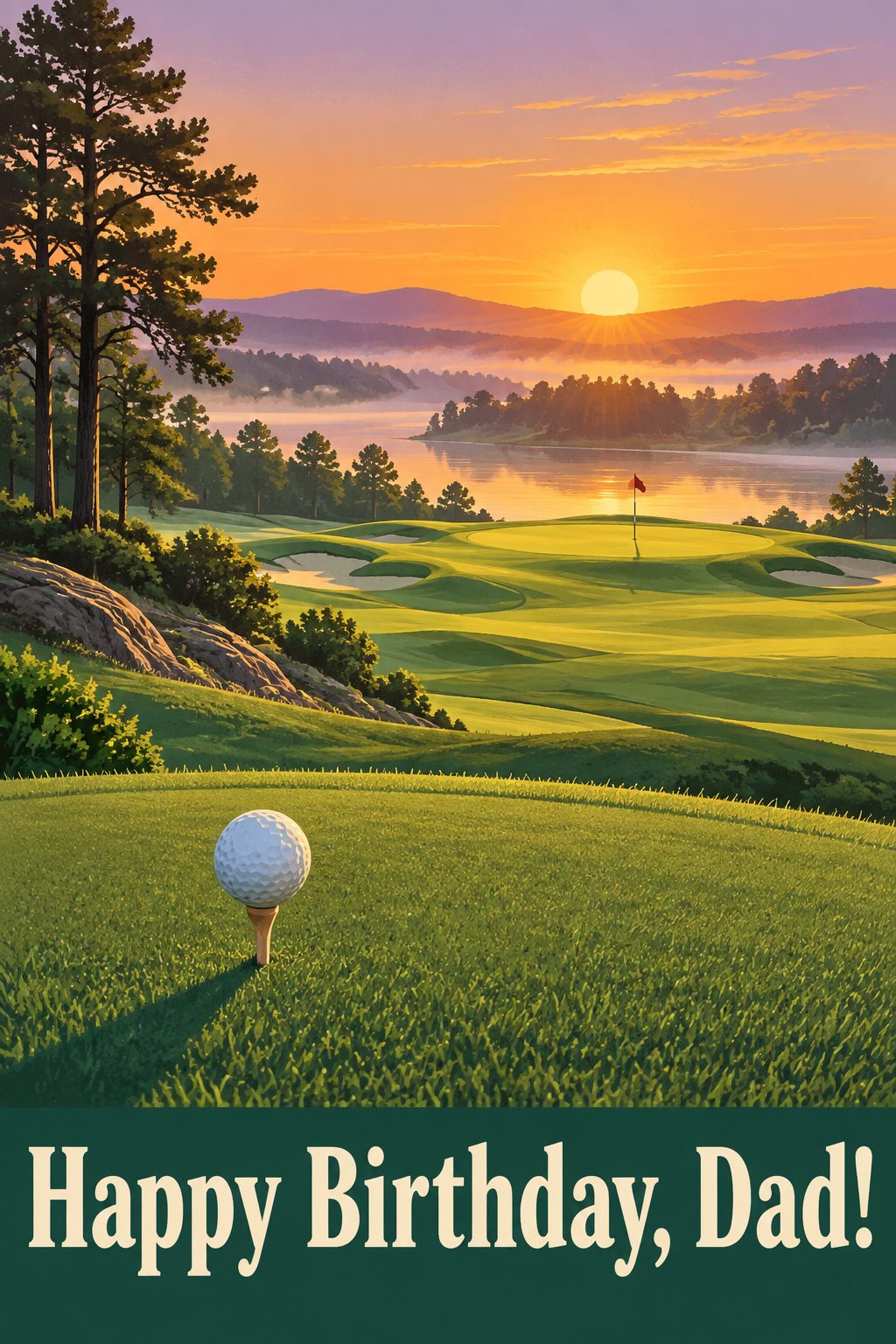 Birthday card of a golf ball on a tee facing a fairway and a lake at sunrise, reading Happy Birthday, Dad!