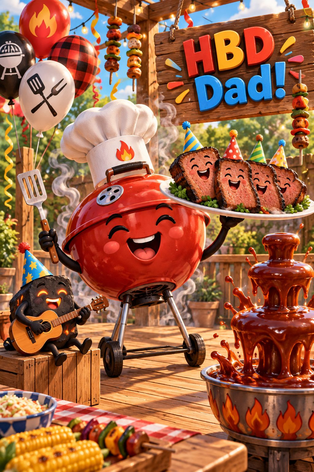 Funny birthday card of a smiling red kettle grill in a chef hat serving brisket slices in party hats, reading HBD Dad!