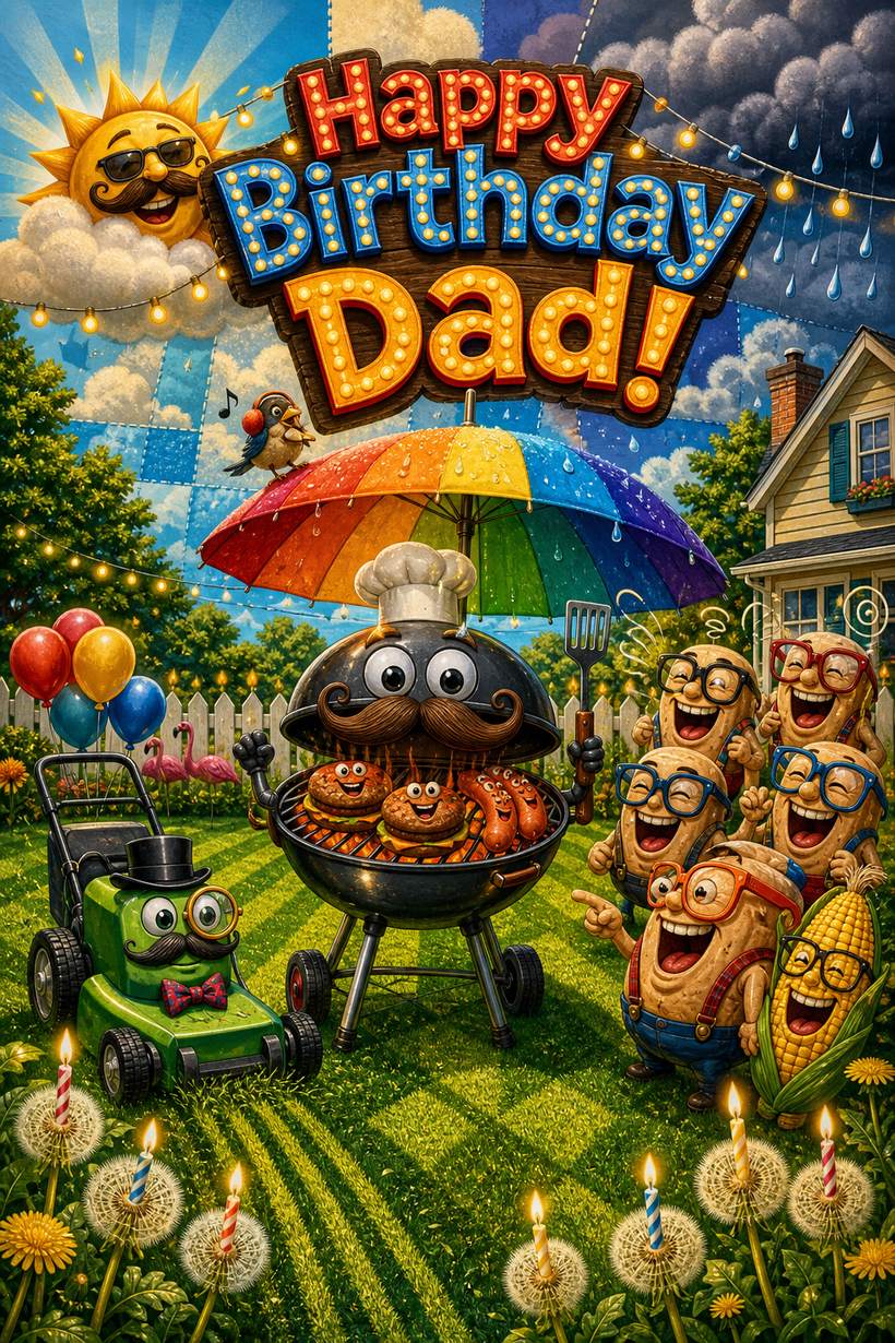 Birthday card of a smiling charcoal grill with a mustache and chef hat flipping burgers at a backyard party, with laughing cartoon potatoes, balloons and lawn stripes, under the words Happy Birthday Dad