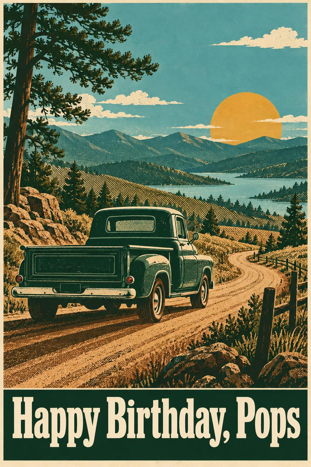 Birthday card of a vintage green pickup truck on a winding dirt road above a mountain lake at sunset, in a travel-poster style, reading Happy Birthday, Pops