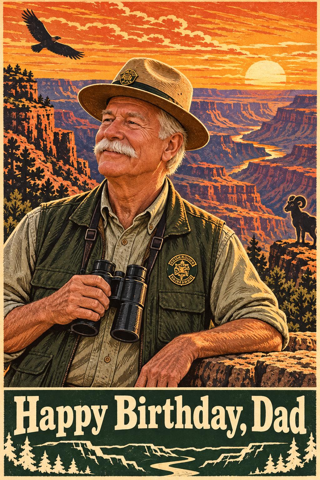 Birthday card of a mustached man in a ranger hat holding binoculars at a canyon overlook at sunset, in a vintage poster style, reading Happy Birthday, Dad