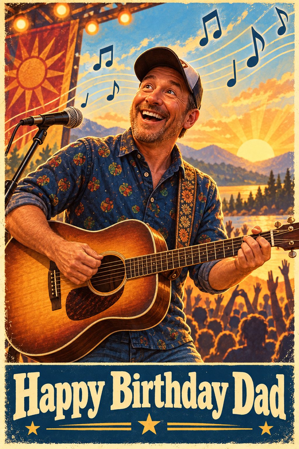 Birthday card of a smiling man in a cap playing an acoustic guitar on a festival stage at sunset, in a gig-poster style, reading Happy Birthday Dad