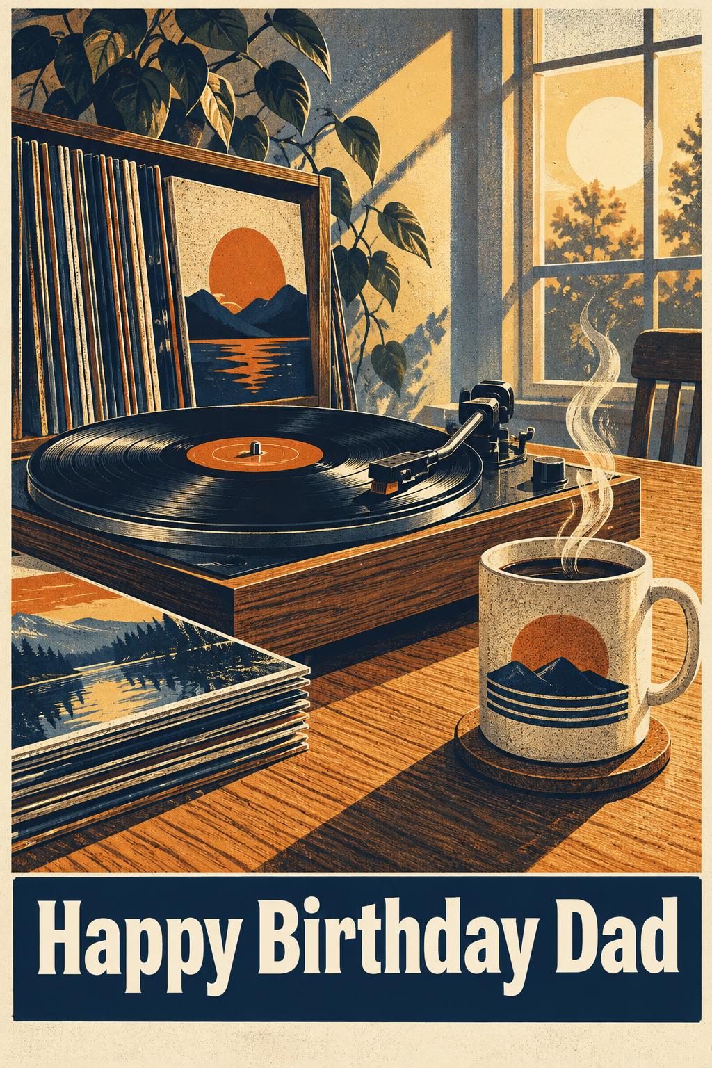 Birthday card of a turntable playing a record beside a steaming mug and a stack of vinyl by a sunlit window, in a screen-print style, reading Happy Birthday Dad