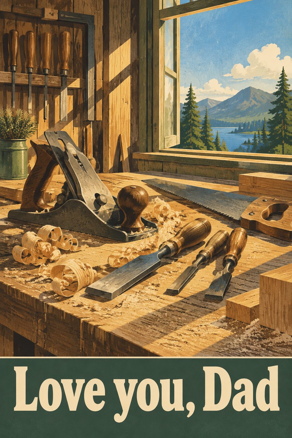 Birthday card of a hand plane, chisels and wood shavings on a workbench by a window with a mountain view, reading Love you, Dad