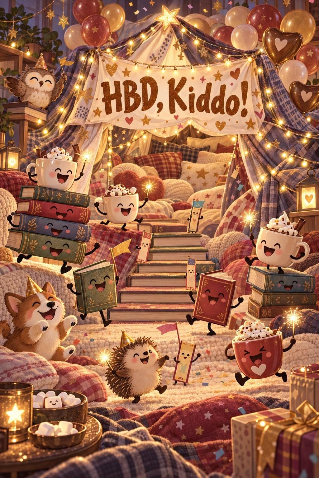 Funny birthday card of smiling books and hot chocolate mugs having a party in a blanket fort, reading HBD, Kiddo!