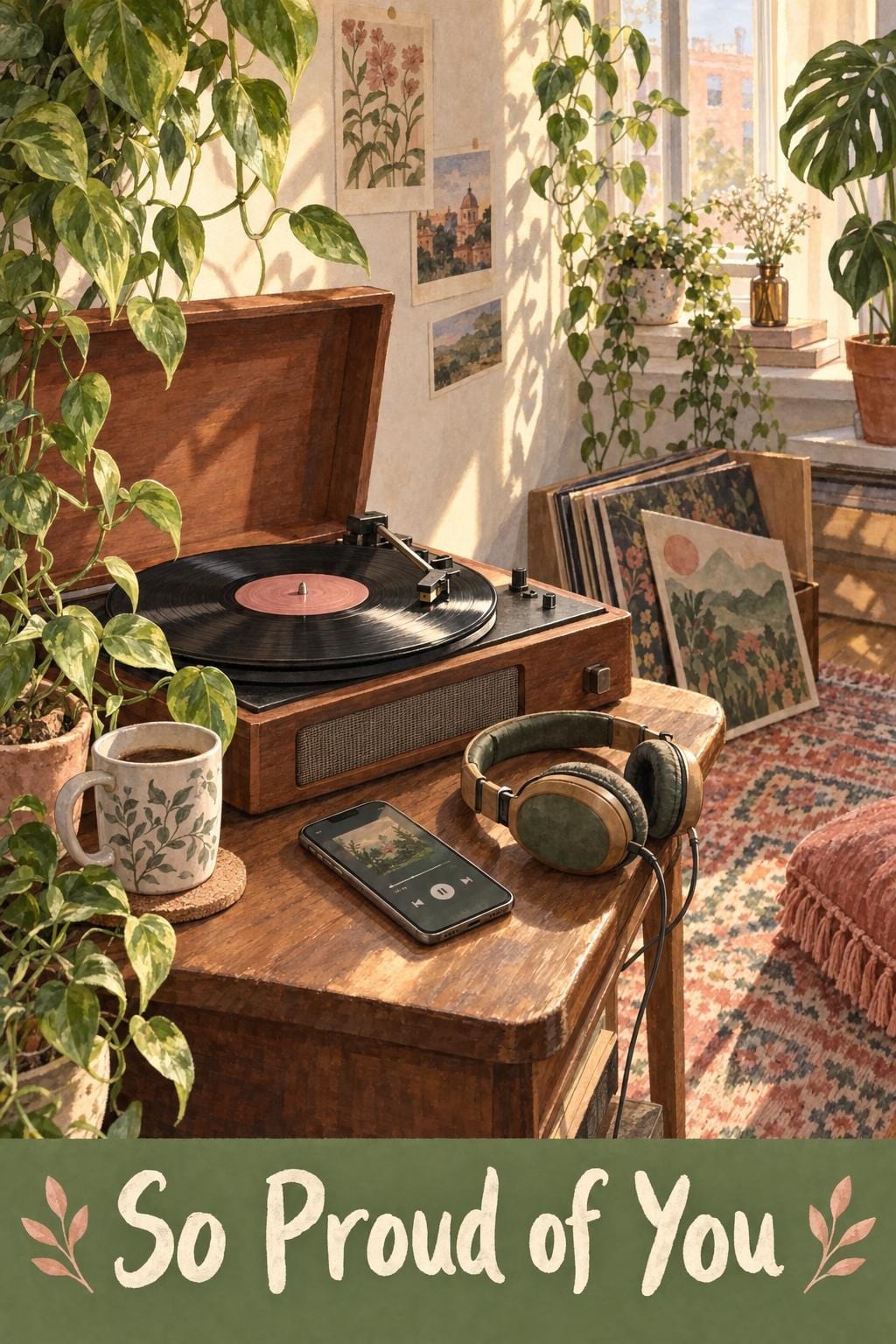Birthday card of a record player, headphones and houseplants in a sunny apartment, reading So Proud of You