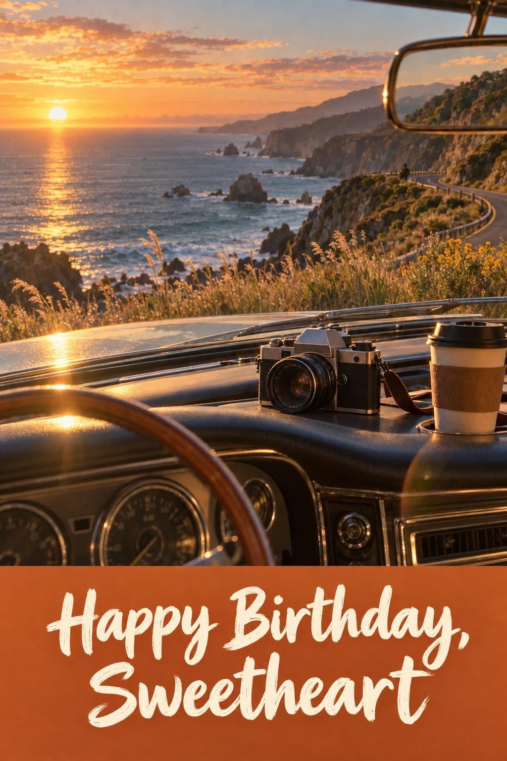 Birthday card of a film camera and a coffee on a dashboard above a coast road at sunset, reading Happy Birthday, Sweetheart