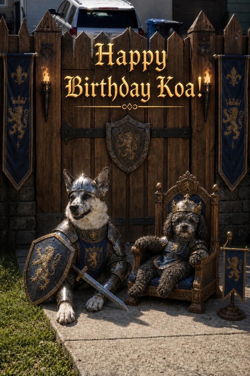Birthday card of two dogs as medieval knights, one in armor and one crowned on a throne, Happy Birthday Koa