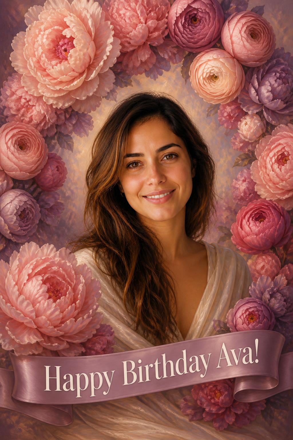 AI birthday card with her portrait framed by an arch of peonies and ranunculus, likeness kept, elegant florist style