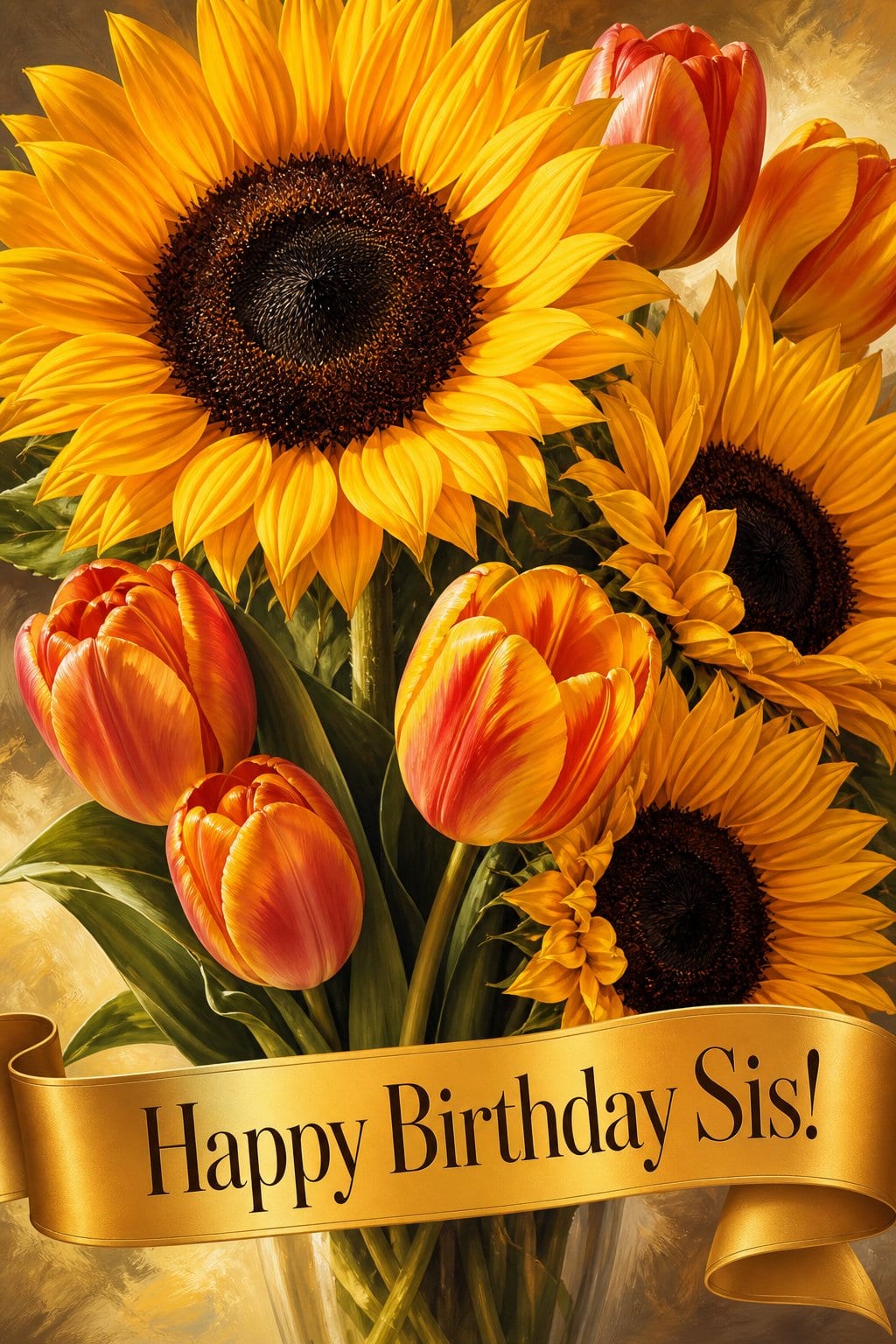Flower birthday card with no photo, a golden still life of sunflowers and tulips, under Happy Birthday Sis