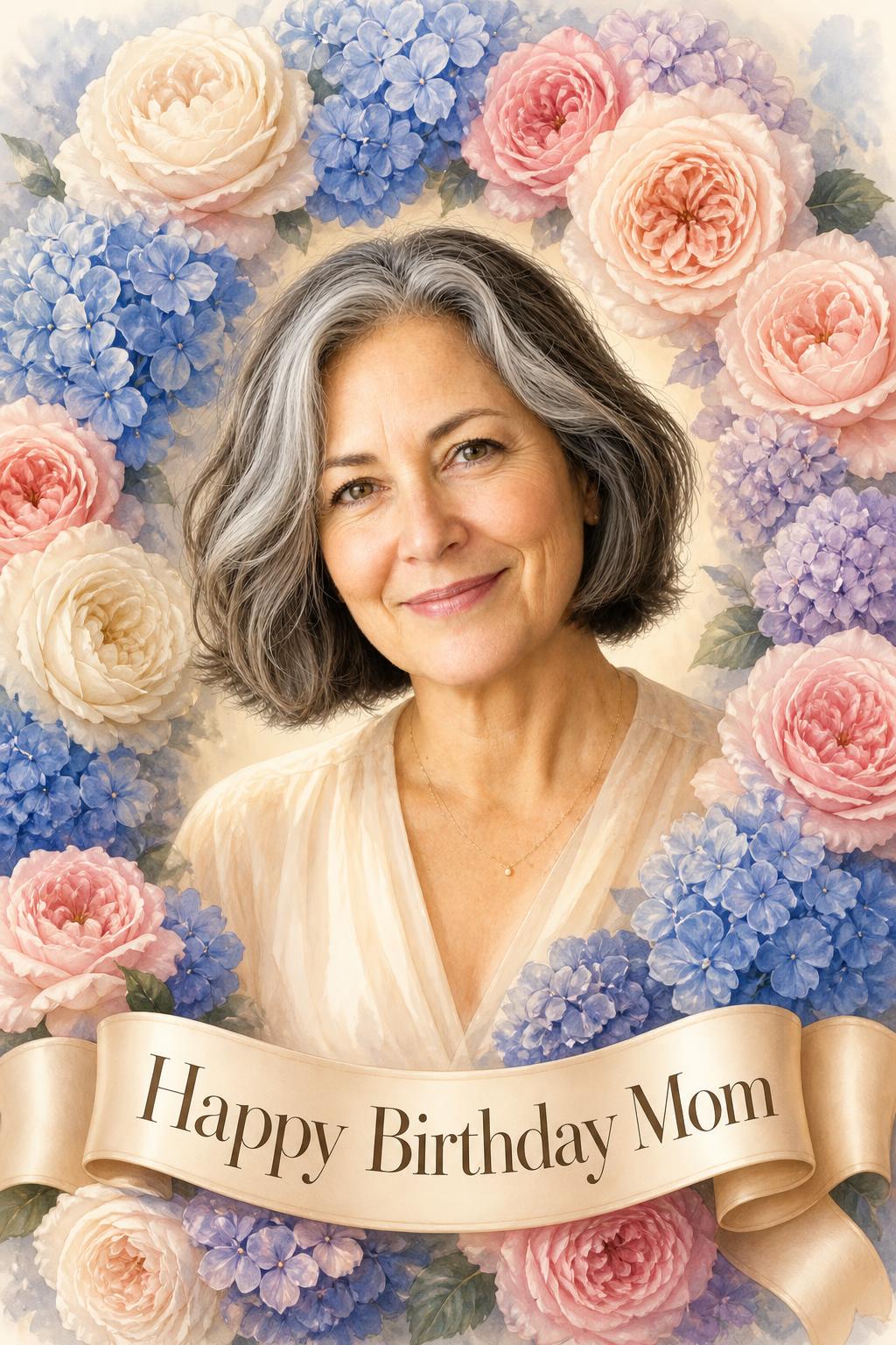 Floral AI birthday card for mom, her portrait surrounded by garden roses and hydrangea, made from her photo