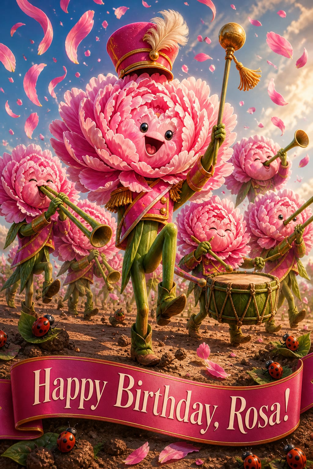 Funny flower birthday card of a peony drum major leading a marching band of trumpet-playing peonies, under Happy Birthday, Rosa!