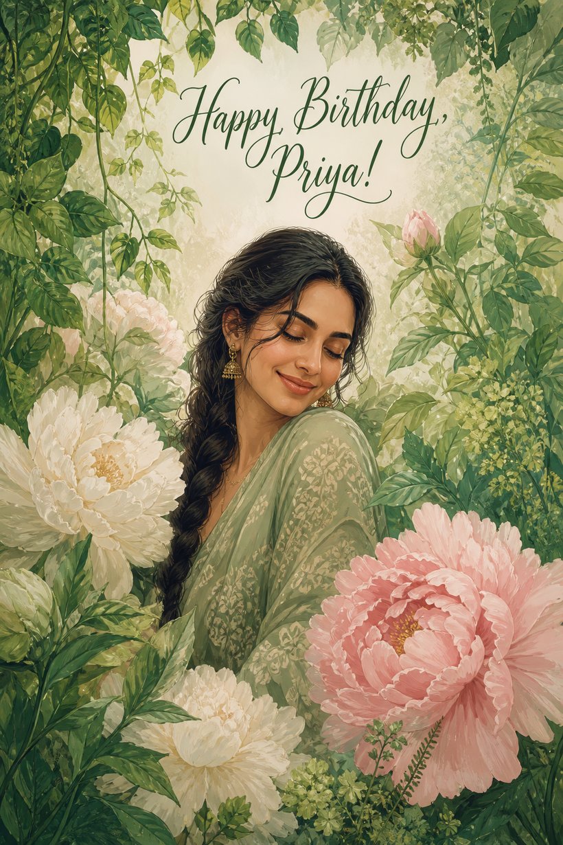 Birthday card of a woman in a green sari among oversized pink and cream peonies, Happy Birthday Priya
