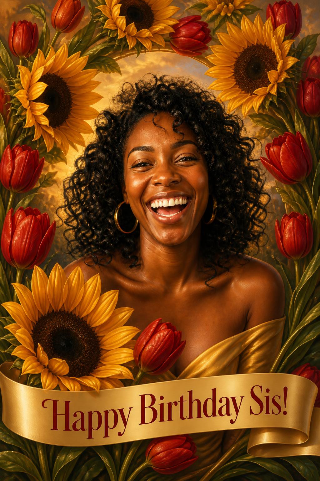 Flower birthday card for a sister, her photo painted into a wreath of sunflowers and tulips by AI