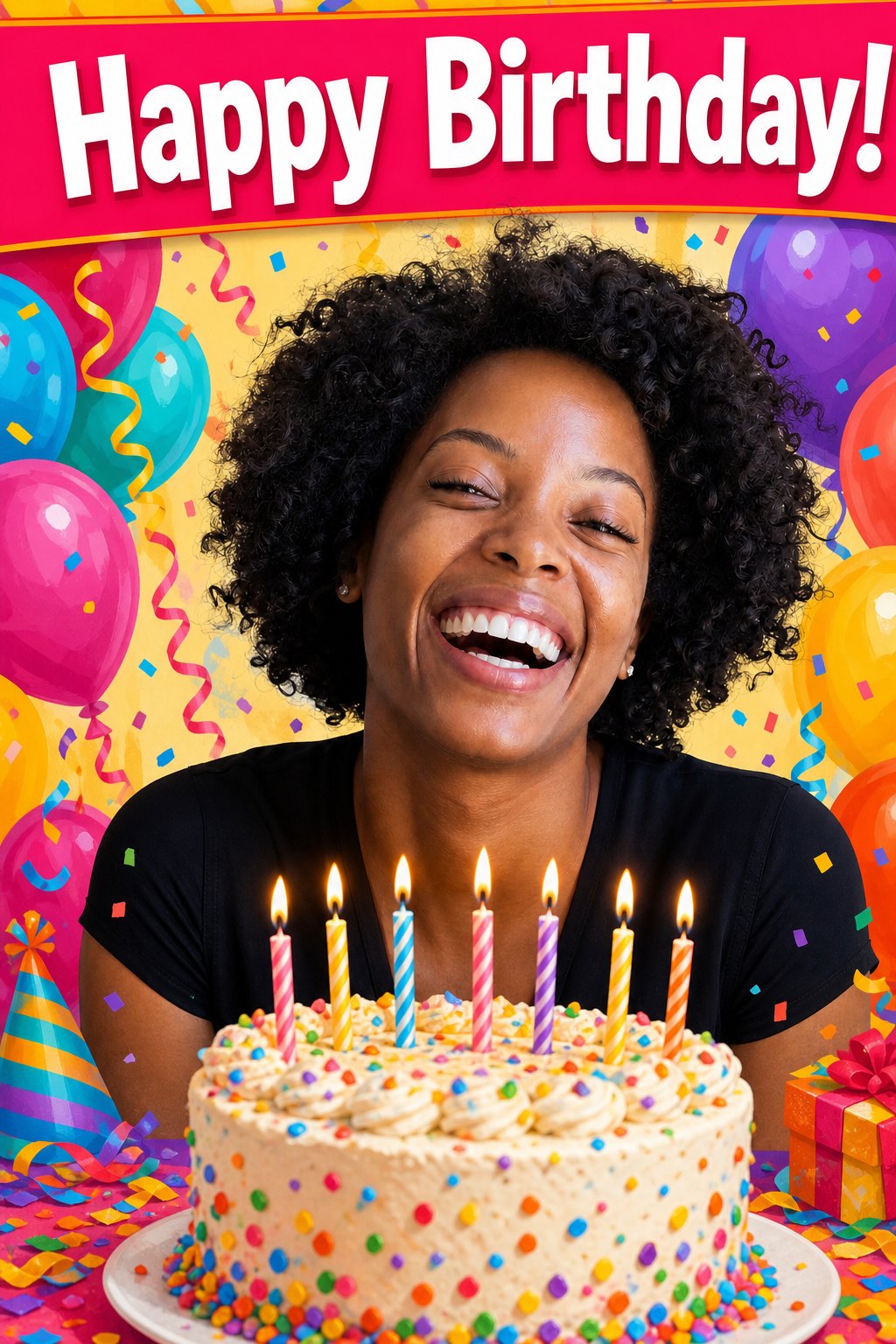 AI birthday card made from a photo, a woman with black curly hair laughing over a birthday cake full of lit candles, with balloons and confetti under the words Happy Birthday
