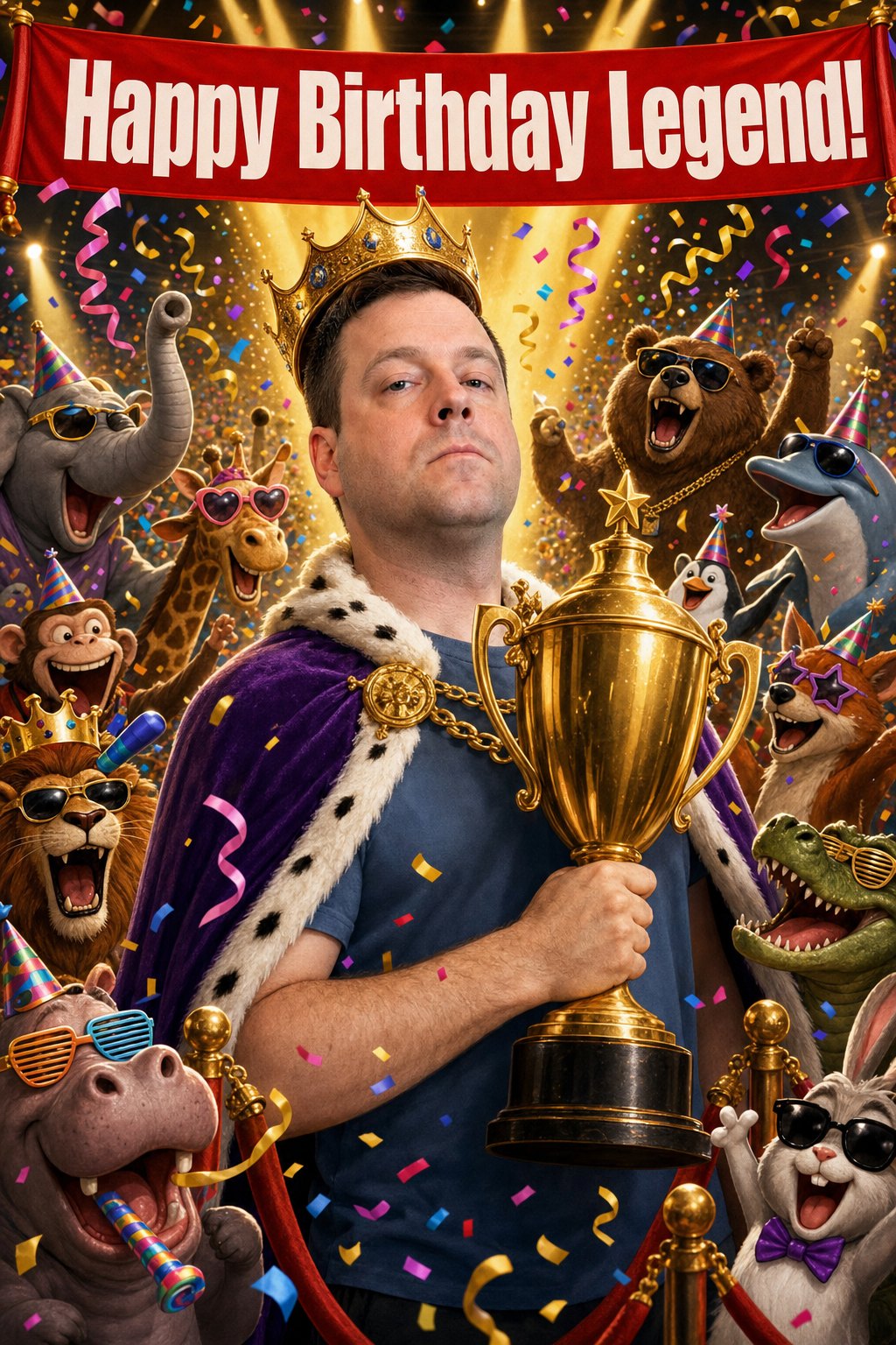 Funny birthday card from a photo, the birthday guy crowned in a royal cape holding a trophy, Happy Birthday Legend