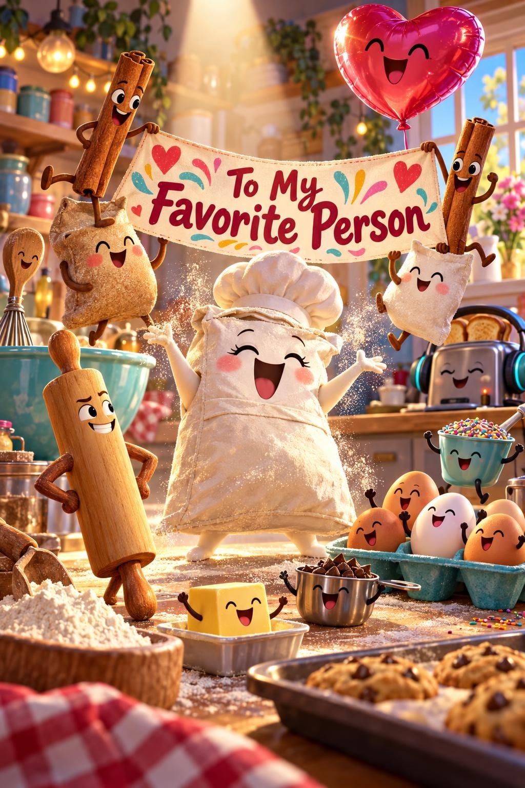 Funny birthday card of a flour bag in a chef's hat cheering in a sunny kitchen with personified cinnamon sticks, eggs, butter and a rolling pin holding up a banner, a heart balloon above, reading To My Favorite Person