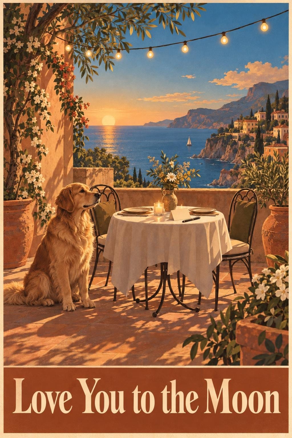 Birthday card of a candlelit table for two on a seaside terrace under string lights at sunset, a golden retriever sitting beside it, in a vintage travel poster style, reading Love You to the Moon