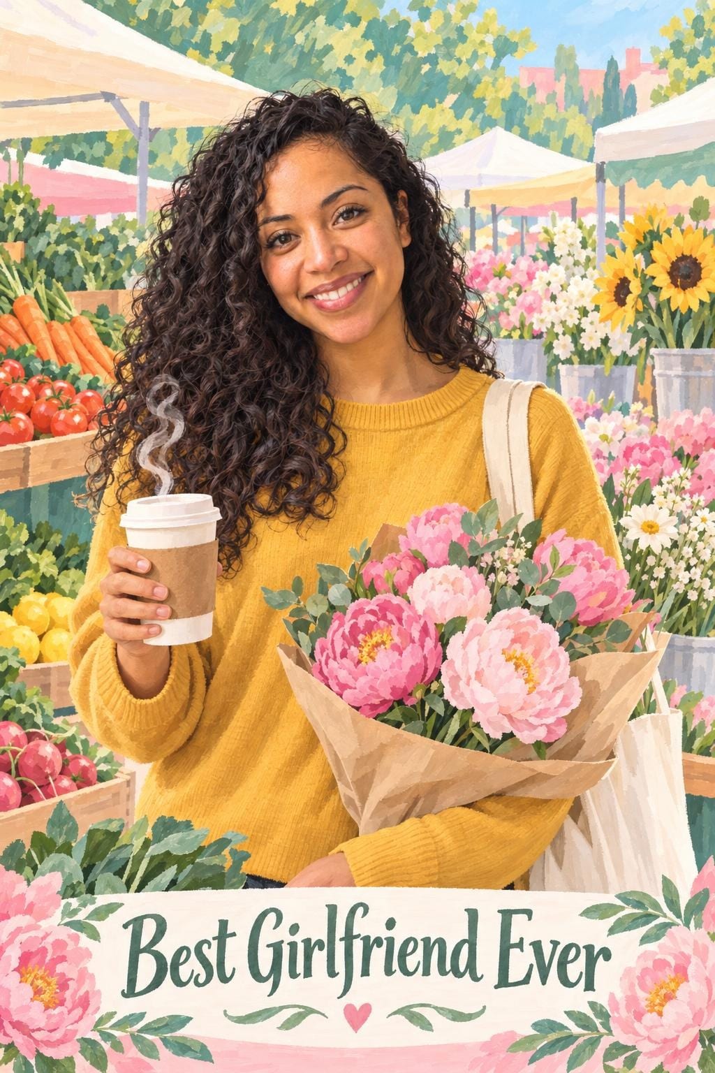 Birthday card of a woman with long dark curls in a mustard sweater holding a paper cup of coffee and a bouquet of pink peonies at a farmers market, painted in gouache, reading Best Girlfriend Ever