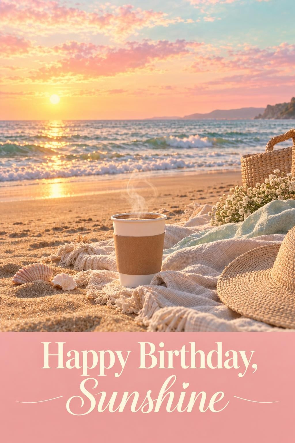 Birthday card of a paper cup of coffee steaming on a blanket at a golden-hour beach, a straw hat, shells and a basket beside it, reading Happy Birthday, Sunshine