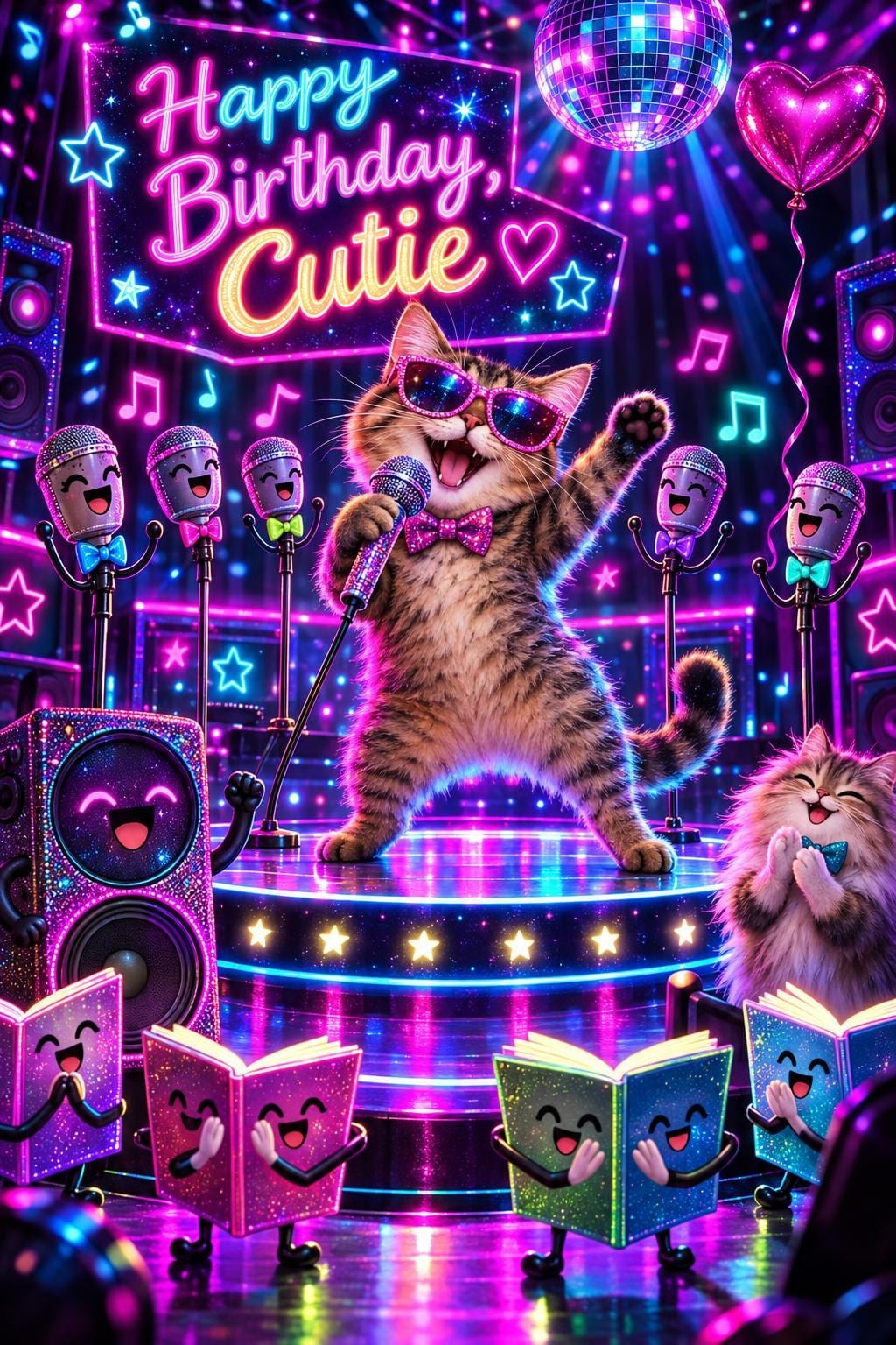 Funny birthday card of a tabby cat in pink sunglasses singing karaoke on a neon stage, personified microphones and glittery songbooks around it, a heart balloon and a disco ball above, reading Happy Birthday, Cutie