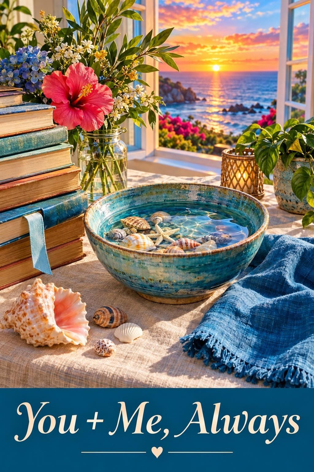 Birthday card of a stack of books, a jar of hibiscus and wildflowers and a bowl of seashells on a linen table by an open window over the ocean at sunset, reading You + Me, Always