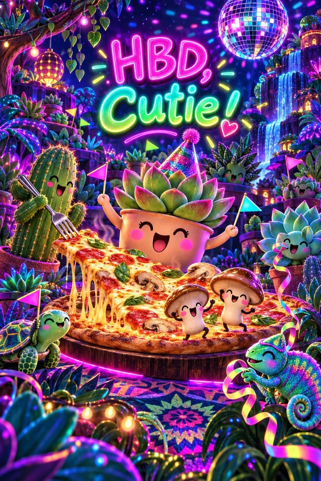 Funny birthday card of a succulent in a party hat sharing a pizza with personified mushrooms, a cactus, a turtle and a chameleon under a disco ball in a neon garden, reading HBD, Cutie!