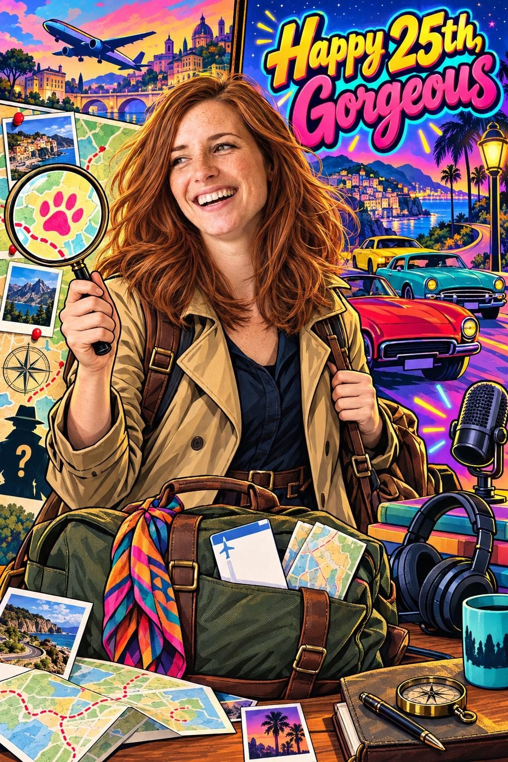 Funny birthday card of a laughing woman with auburn hair in a trench coat holding a magnifying glass over a map, a packed weekend bag, postcards, a microphone and headphones around her, a plane and vintage cars behind, in bold comic colors, reading Happy 25th, Gorgeous