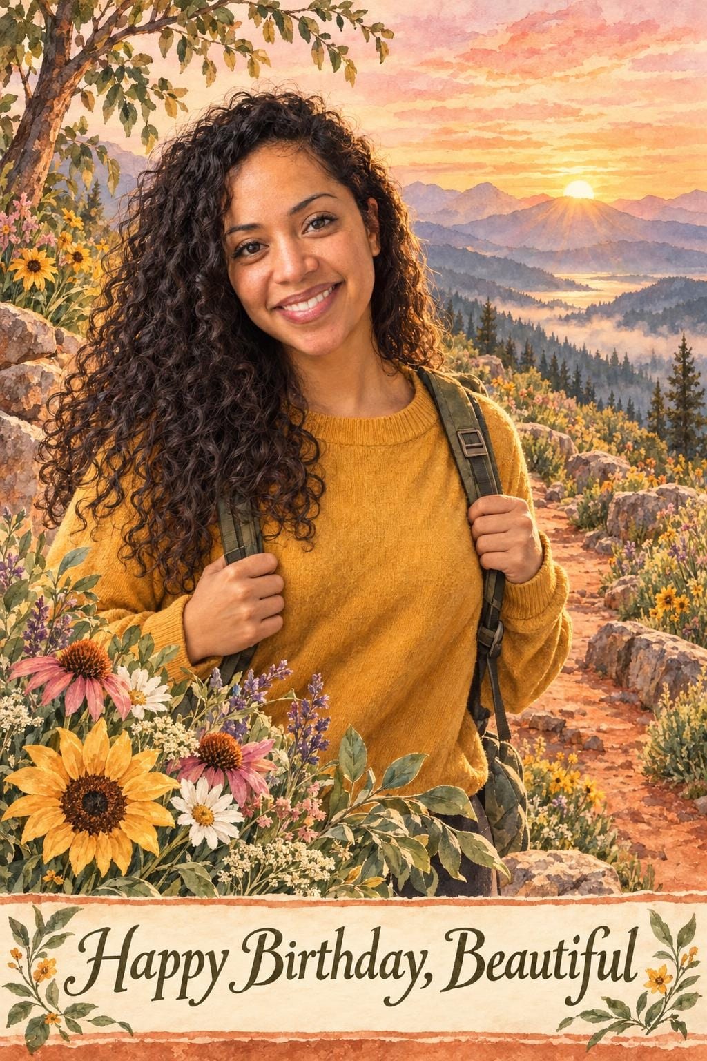 Birthday card of a woman with long dark curls in a mustard sweater hiking at sunrise with a backpack, wildflowers and mountains around her, in watercolor, reading Happy Birthday, Beautiful