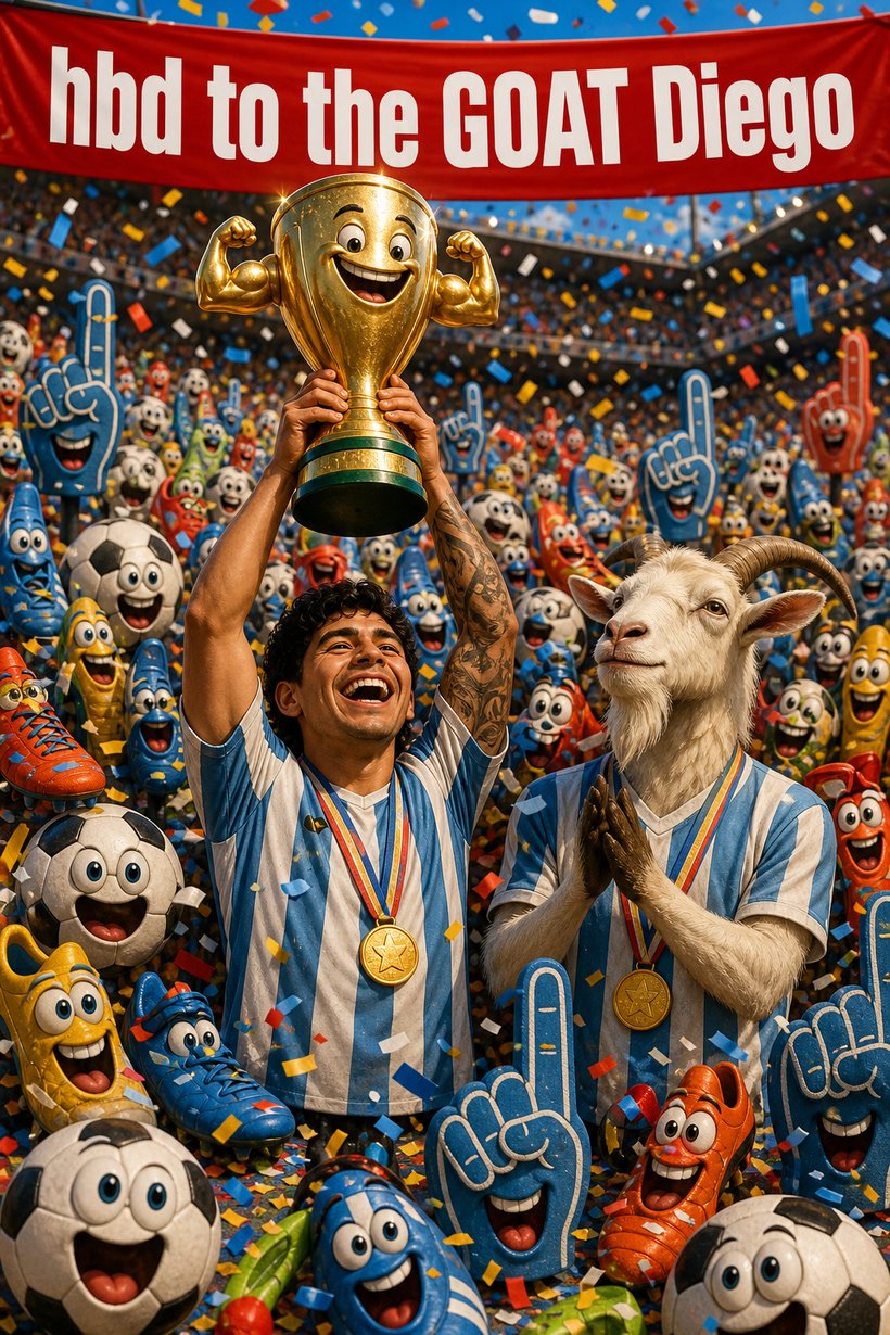 Birthday card of a soccer star lifting a smiling gold trophy beside a goat in a team jersey, hbd to the GOAT Diego