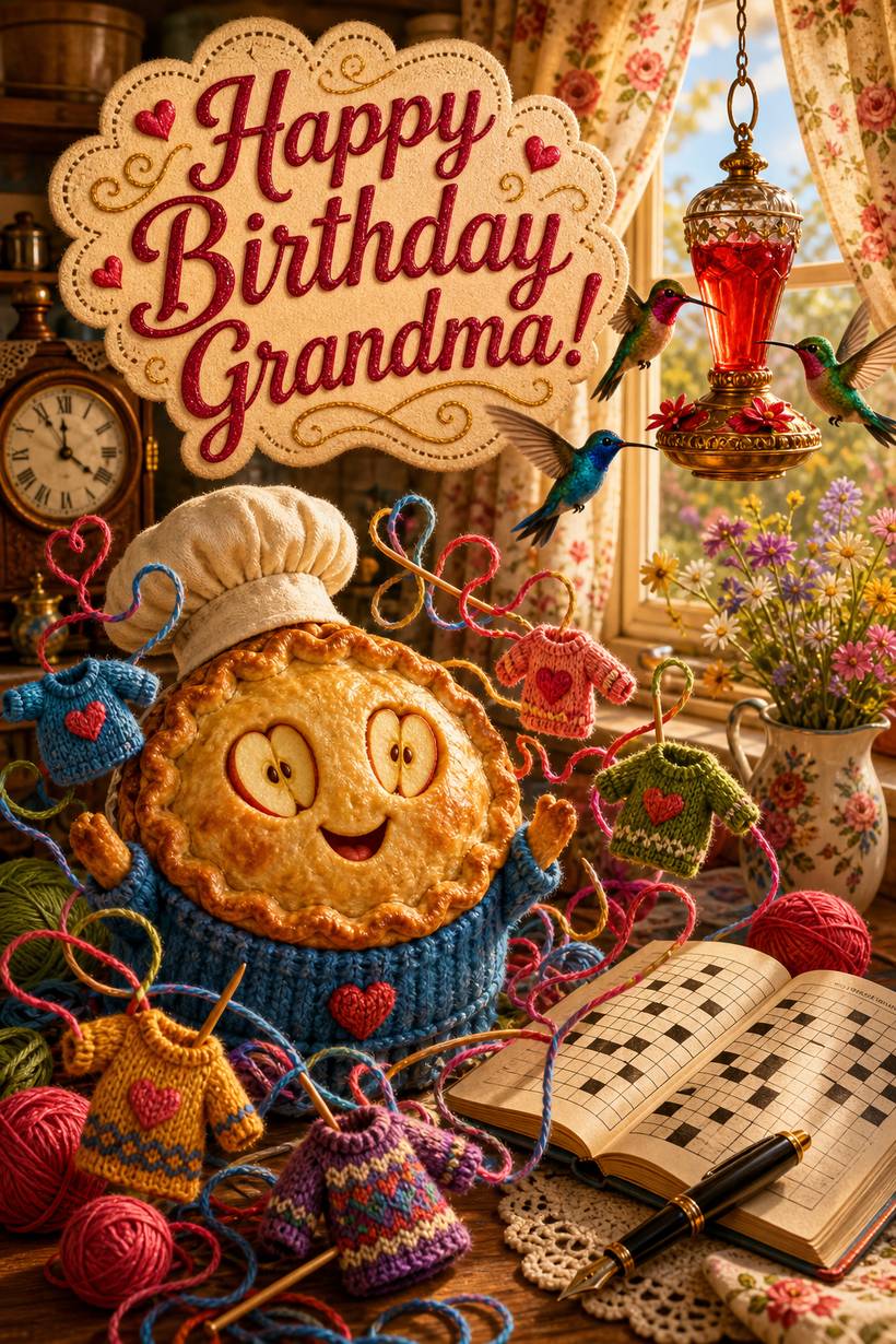 Birthday card for grandma, a smiling apple pie in a knitted sweater with hummingbirds, yarn, and a crossword