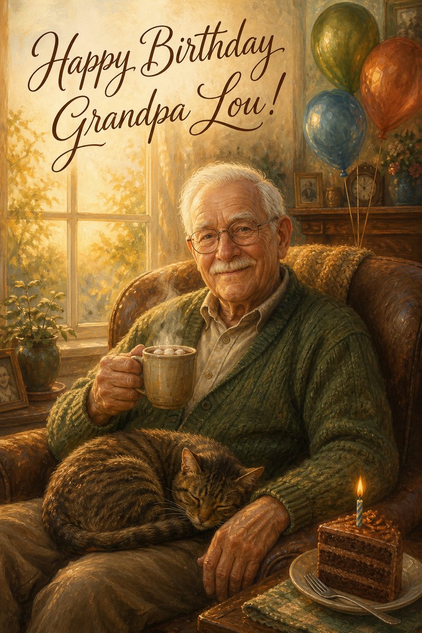 Birthday card of a grandfather with tea and a sleeping cat by a sunlit window, Happy Birthday Grandpa Lou