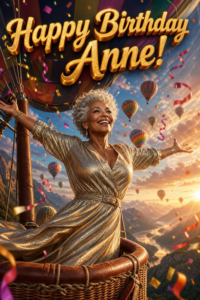 Birthday card of a smiling woman in a gold dress riding a hot air balloon over mountains at sunrise