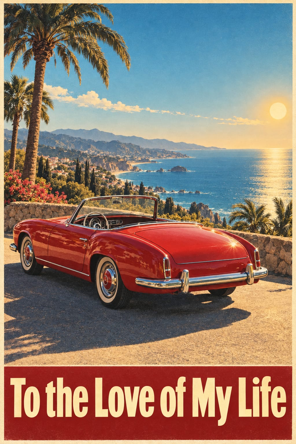 Birthday card of a red classic convertible on a palm-lined coast road, travel-poster style, reading To the Love of My Life