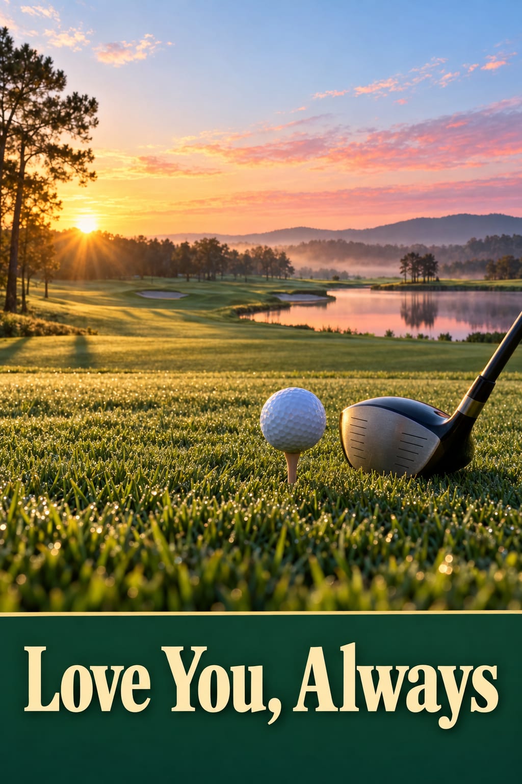 Birthday card of a golf ball on a tee facing a fairway and a lake at sunrise, reading Love You, Always