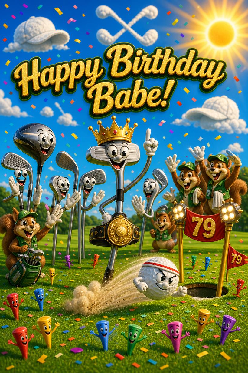Golf birthday card, a putter wearing a crown and title belt while the rest of the clubs cheer, Happy Birthday Babe