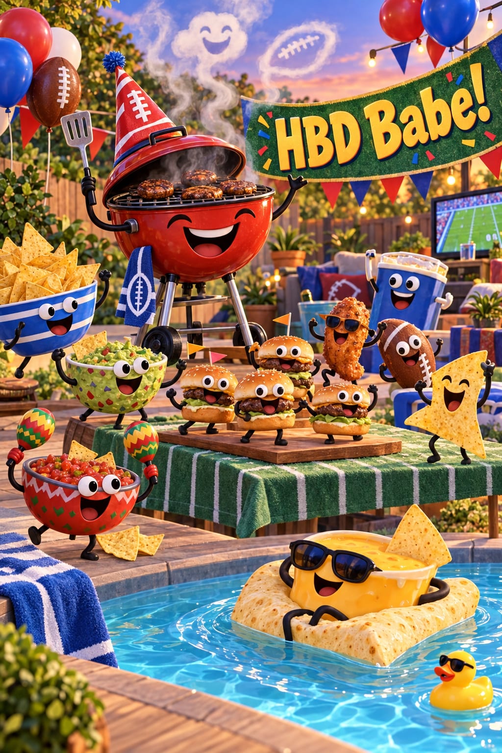 Funny birthday card of a grinning red grill in a party hat with personified nachos and footballs by a pool, reading HBD Babe!