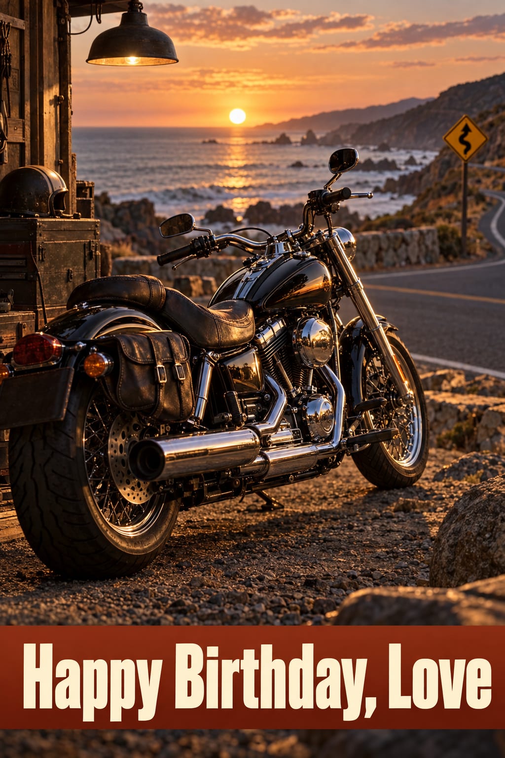 Birthday card of a black motorcycle parked on a coast road at sunset, reading Happy Birthday, Love