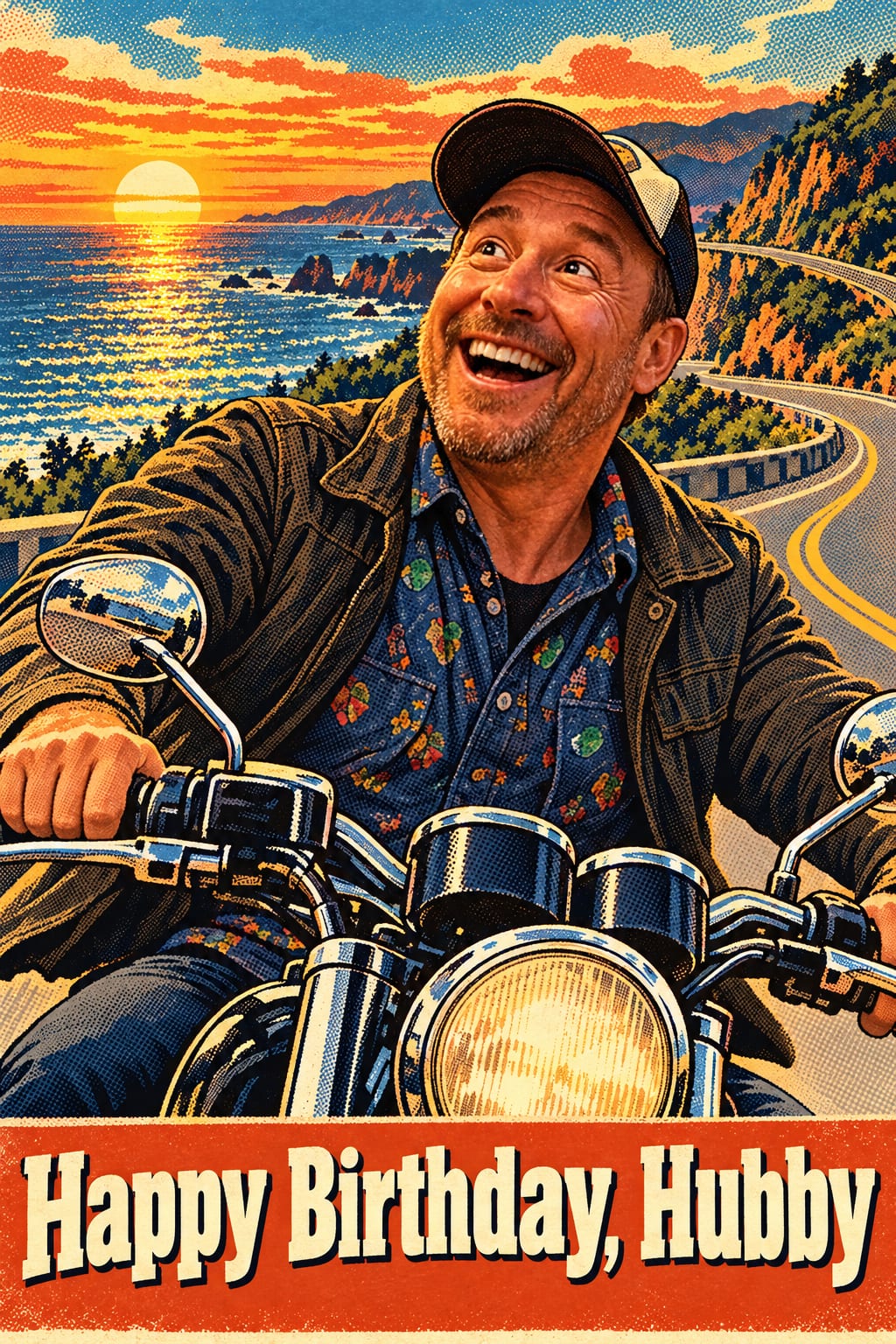 Birthday card of a laughing man in a cap riding a motorcycle on a coast road, poster style, reading Happy Birthday, Hubby