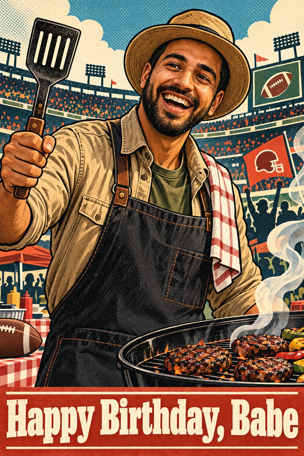 Birthday card of a smiling bearded man in a hat holding a spatula at a grill by a stadium, reading Happy Birthday, Babe