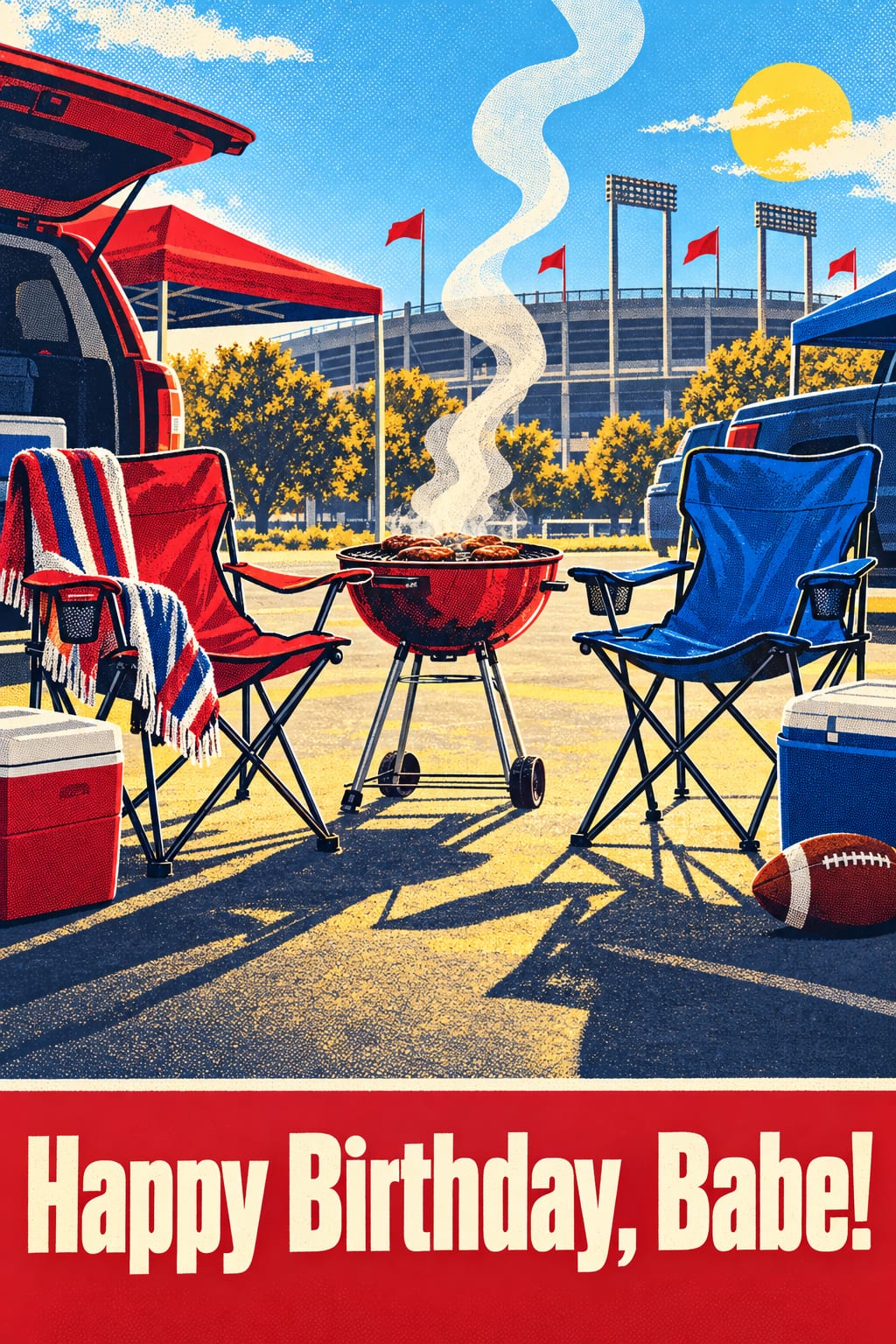 Birthday card of a tailgate of folding chairs, a cooler and a kettle grill outside a stadium, reading Happy Birthday, Babe!