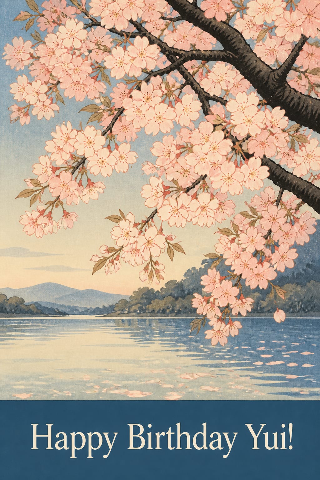 Printable Japanese-inspired birthday card, cherry blossom branches over a still lake in the ukiyo-e woodblock print style