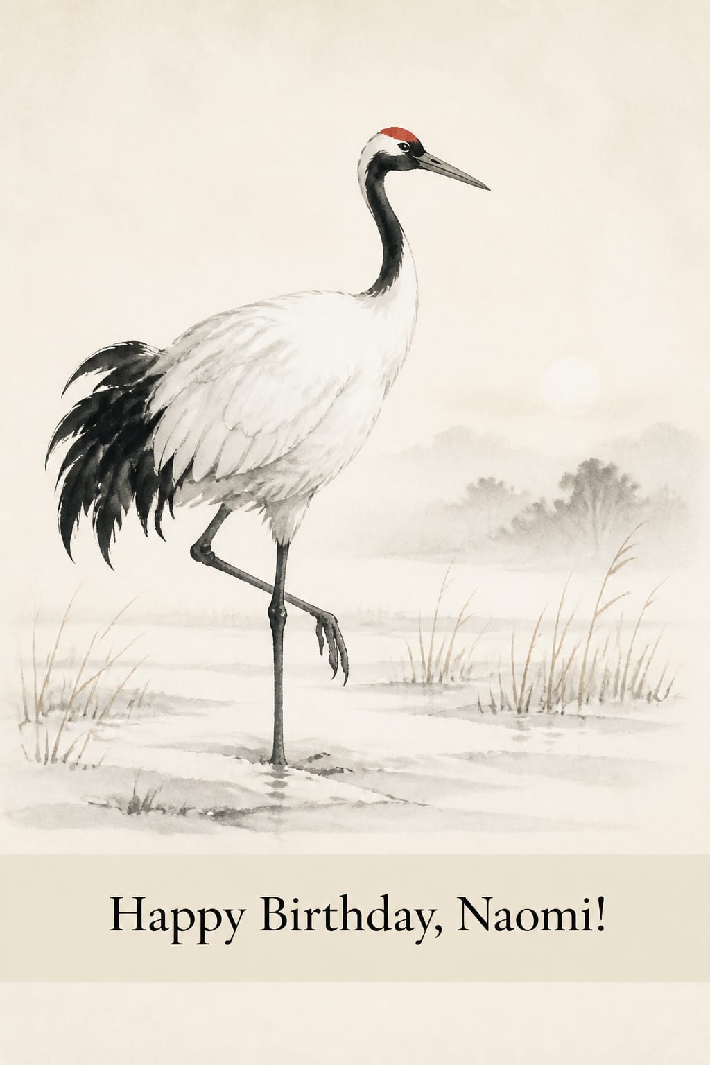 Japanese-inspired birthday card in the sumi-e ink wash style, a red-crowned crane standing in a winter marsh