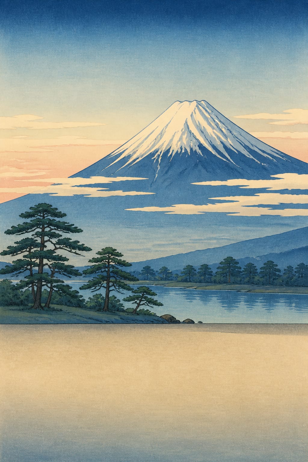 Japanese-inspired birthday card with no text, Mount Fuji above a plain with a small lake and pines in the woodblock print style