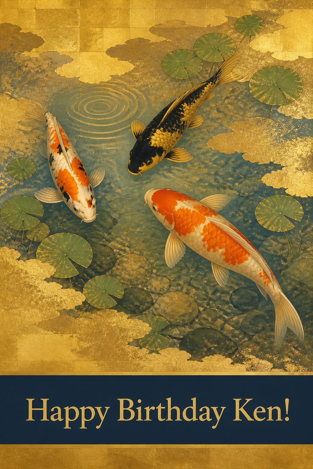 Japanese-inspired birthday card in the gold screen style, koi seen from above through clear water on a burnished gold ground