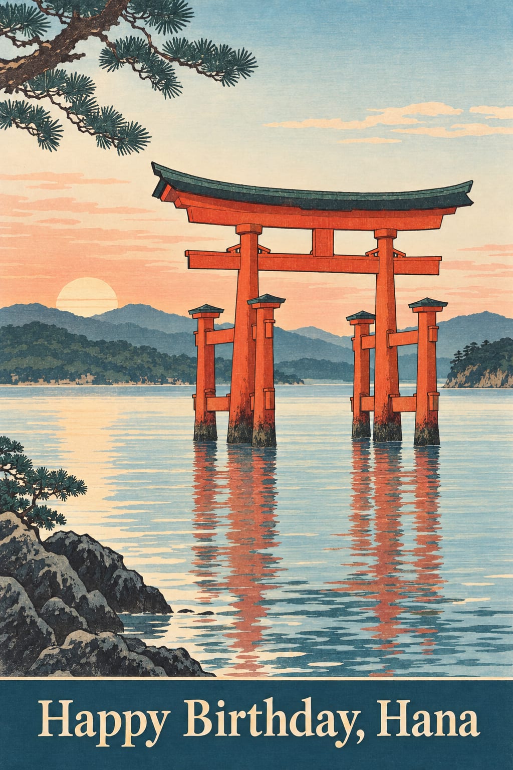 Japanese-inspired birthday card in the woodblock print style, a red torii gate standing in the sea at sunset under a pine, reading Happy Birthday, Hana