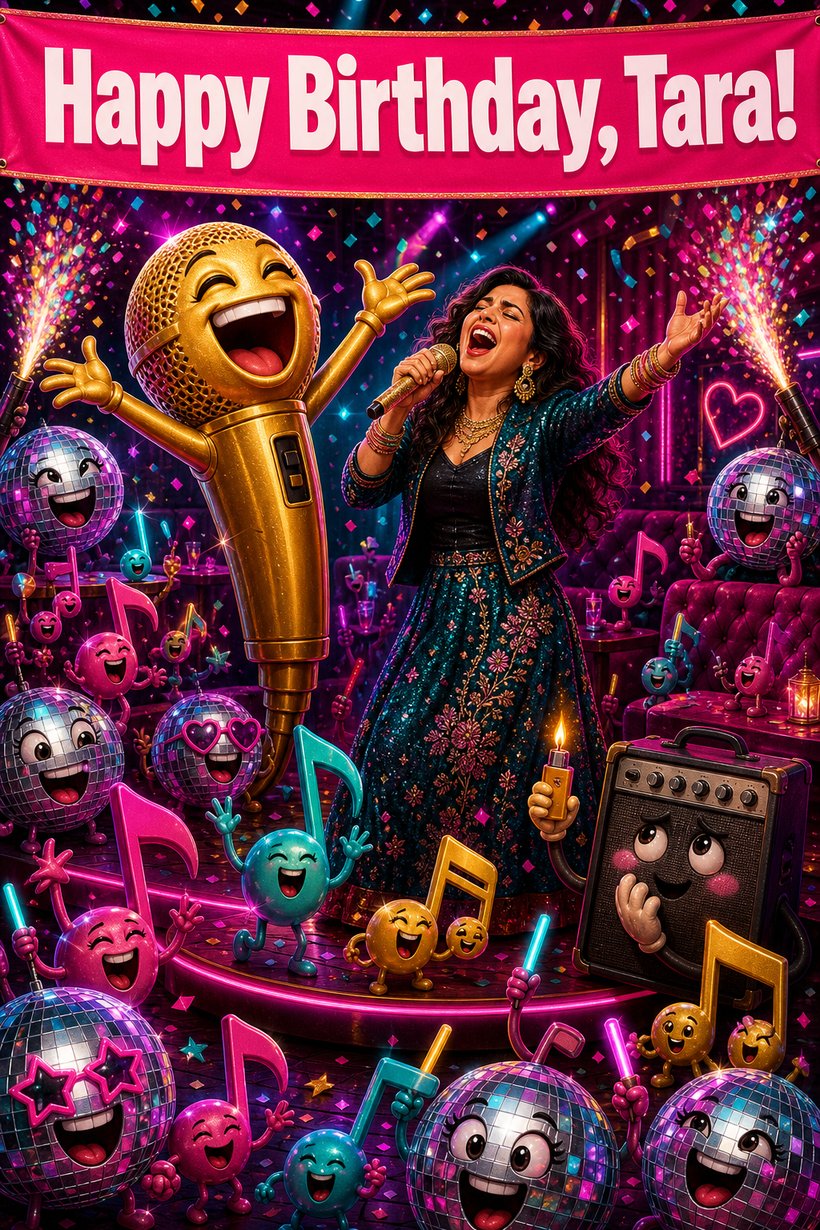 Funny birthday card of a woman belting a song beside a laughing golden microphone and singing disco balls