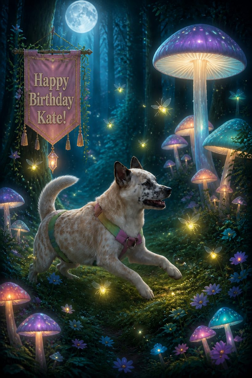Birthday card of a dog bounding through a moonlit forest of glowing mushrooms, with a banner reading Happy Birthday Kate