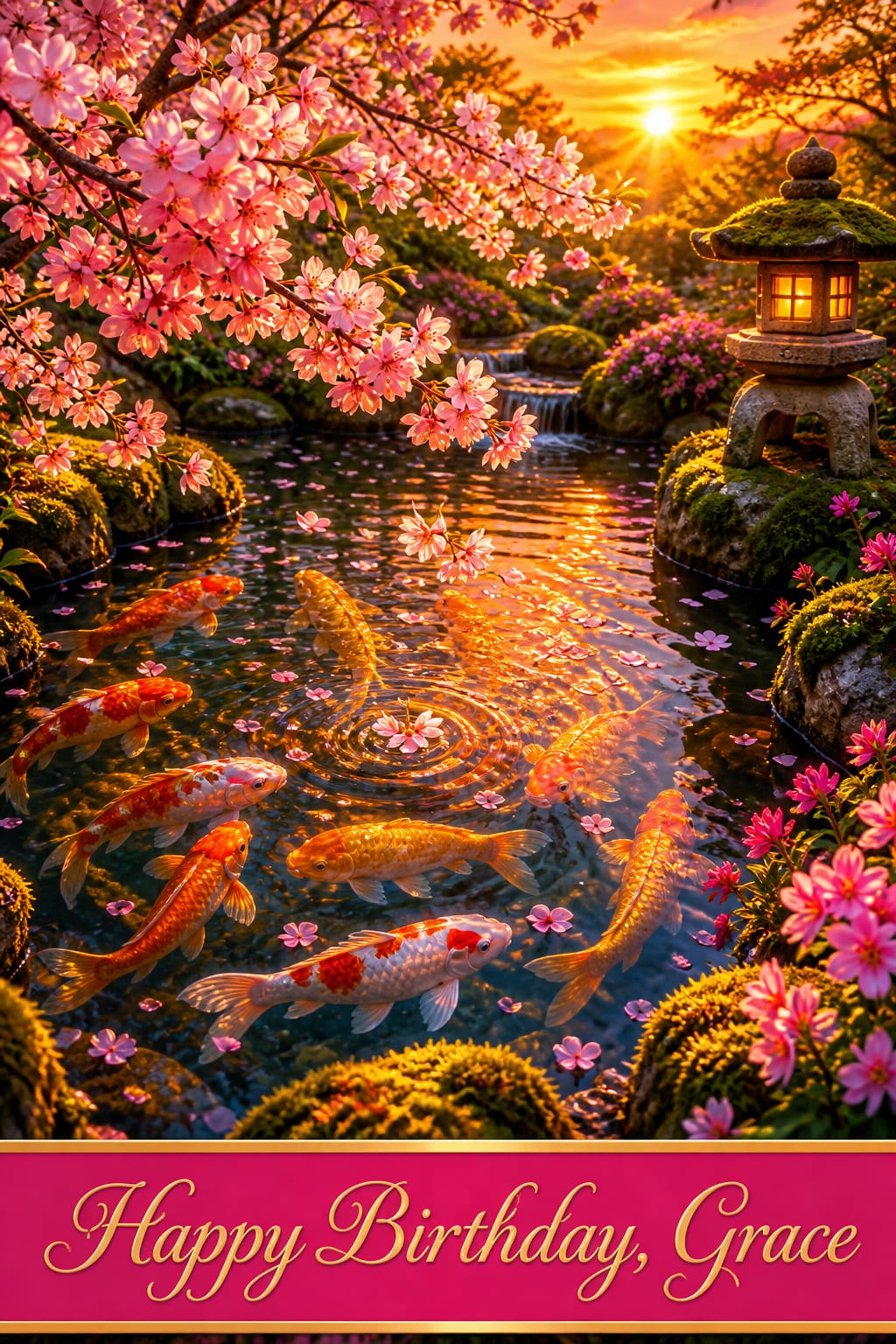 Printable birthday card of koi circling a pond under cherry blossoms by a stone lantern at sunset, reading Happy Birthday Grace
