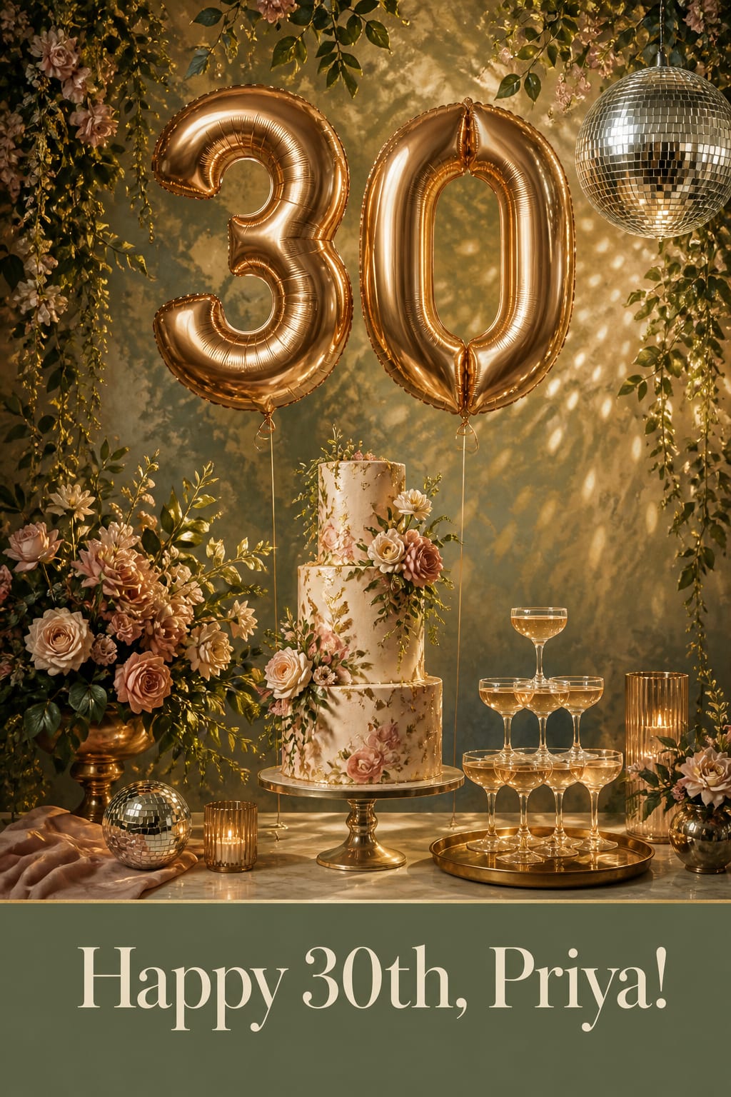 30th birthday card, gold foil 30 balloons over a tiered floral cake, a champagne tower and a disco ball, under Happy 30th, Priya!